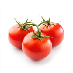 Three ripe, red tomatoes clustered together on stems, isolated against a pure white background