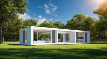 Minimalist Modular House – Glass Walls in Green Landscape with Trees and Natural Daylight