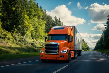 Orange Semi-Truck Driving Through Forest Highway