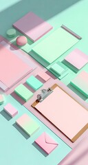 Pastel stationery flat lay with shadow