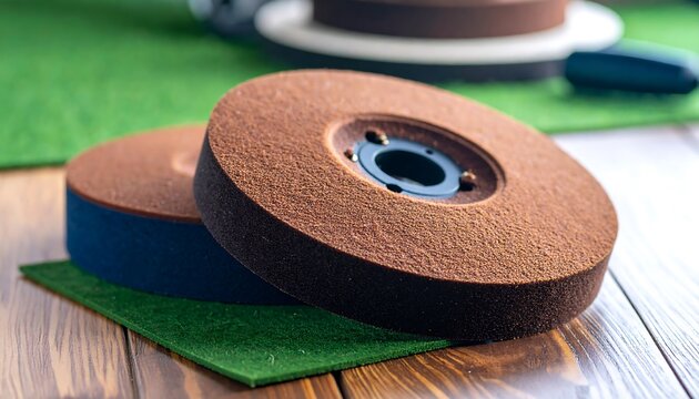 Two abrasive discs on a wooden surface