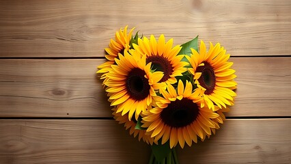 A sunflower bouquet arranged on a rustic wooden surface, warmly lit with a textured neutral background.