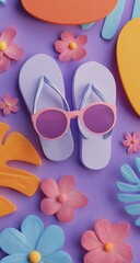 Flat lay of pastel purple flip-flops, sunglasses, and flowers on a purple background