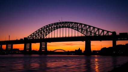 Naklejka premium Majestic steel bridge at dusk reflects golden light on calm water under a gradient twilight sky.