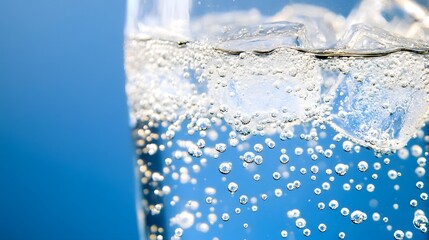 Obraz premium Closeup Sparkling Water Bubbles Ice Cubes Glass