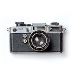 Vintage camera, top view, showing detail of metal body and lens