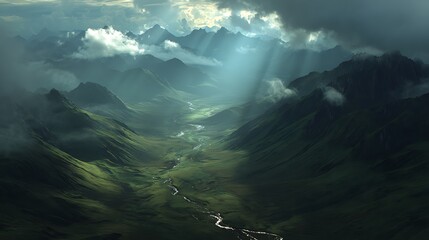 A cinematic landscape of a wide valley between emerald mountains. A glowing river meanders through the mist-filled valley floor. Dramatic sun rays break through the clouds, casting shadows and