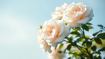 Fototapeta premium Close-up of white bush roses in full bloom against a soft blue sky, embodying spring garden beauty.