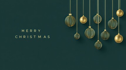Christmas decor gold ornaments with strings on dark green background