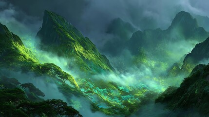 A mystical fantasy landscape of emerald mountains. The peaks are covered in vibrant, glowing moss and giant ferns. A magical mist, filled with tiny particles of light, flows through the valleys, 