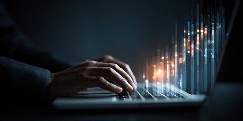 Close-up of hands typing on a laptop, with digital data overlay