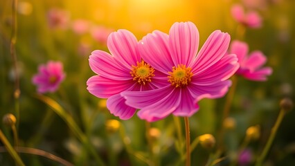 Obraz premium A vibrant cosmos flower blooming in a sunlit green field, radiating natural beauty and tranquility.