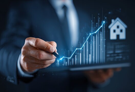 Businessperson draws a rising graph, overlaid with a house icon, on a tablet