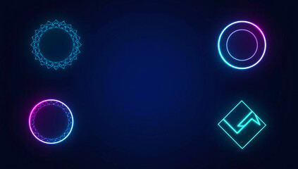 Flat vector neon glowing shapes on dark background in minimal modern design