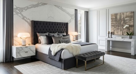 Fototapeta premium Luxurious Modern Bedroom with Marble Accents and Plush Furnishings