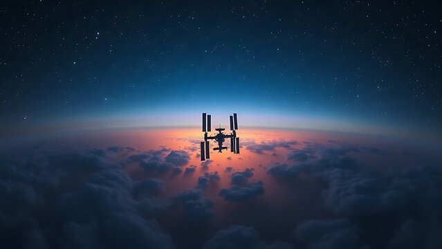 Cosmic panorama of nebula clouds with the ISS silhouette as a minimalist focal point.