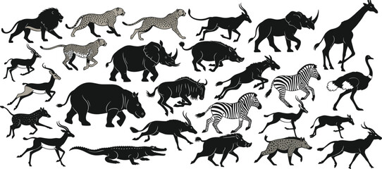 African wildlife silhouettes, lion leopard cheetah hyena elephant giraffe rhino hippo zebra ostrich crocodile antelope, savanna animals, vector illustration, safari nature art