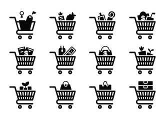 Collection of black shopping cart icons filled with diverse products symbolizing consumerism and retail