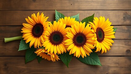 Obraz premium Sunflower arrangement on a rustic wooden surface with warm yellow tones.