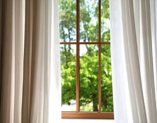 Obraz premium Window with sheer curtains and a view of trees