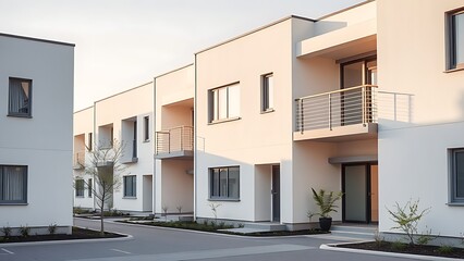 A modern housing complex with clean architectural lines, illuminated by soft daylight.