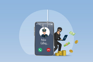Fake police calling on phishing hooks on phone, Cyber crime, online phishing scam in digital devices. Vector.