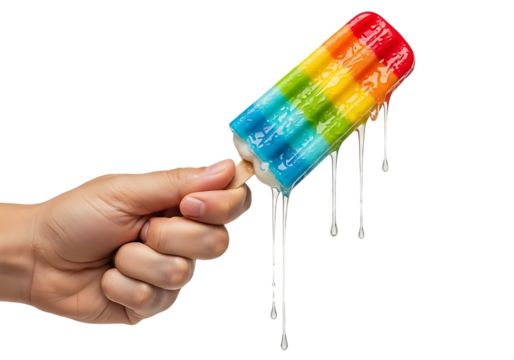 Hand holding a melting rainbow ice cream popsicle isolated on transparent background - Powered by Adobe