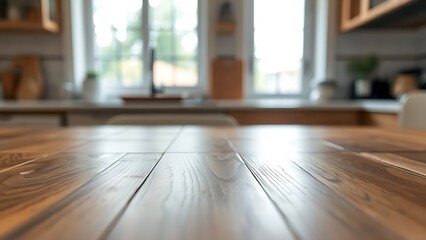 A wooden table with subtle grain texture, softly lit by kitchen window light creating a gentle bokeh effect.