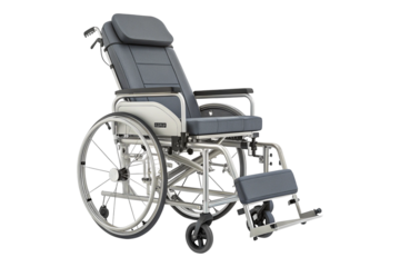 Gray reclining wheelchair with headrest isolated on transparent background