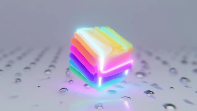 Abstract 3D Render of a Multicolored,  Neon-Lit, Geometric Shape on a Surface with Water Droplets