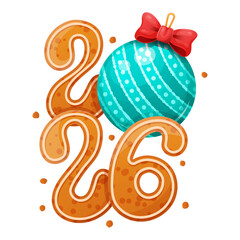 2026 crafted from gingerbread cookies and christmas ball, festive and cozy design perfect for New Year celebrations and holiday themed projects.