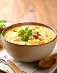 Creamy chicken noodle soup in a bowl
