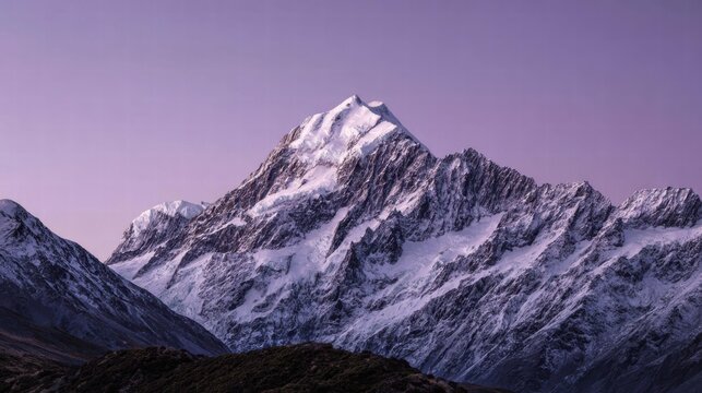 Majestic snow-capped mountain range under soft purple sky with rugged peaks and rocky slopes, winter