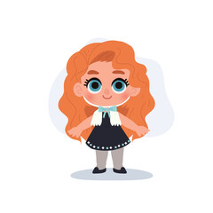 adorable child character curly red hair girl illustration in chibi style. happy young girl clipart