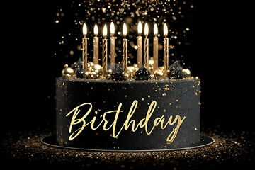 Elegant birthday cake with golden candles and confetti, perfect for celebrations, parties, and creating a festive atmosphere for joyous milestones
