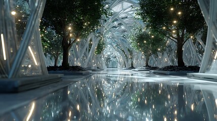 A detailed 3D render of a futuristic glass garden. The trees and flowers are made of intricate, glowing glass structures. The light passes through the glass, creating beautiful patterns of light 
