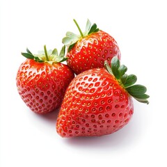 Three vibrant red strawberries, in a close-up, studio shot against a plain white background.  Fresh, juicy, and whole berries with green leaves