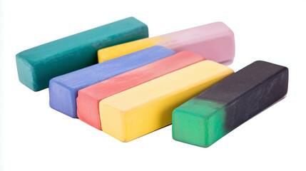 School chalk pieces in different colors, (clean modern detail, white isolated background