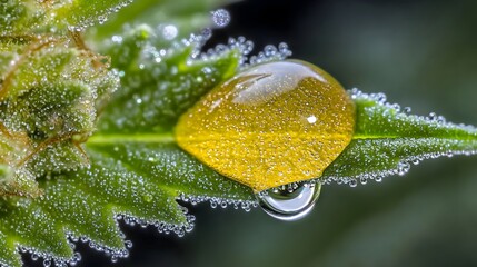 Macro Photography of Cannabis Leaf with Resin and Water Droplets