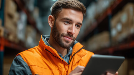 Warehouse Operations: A focused warehouse worker uses a tablet computer, amidst shelves packed with packages, symbolizing modern logistics and efficiency.