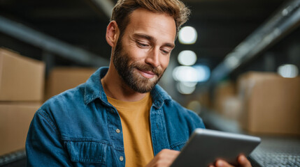 Warehouse Management: A focused man is immersed in his tablet, conducting inventory management, creating a scene of organized operations. Emphasizing precision, planning and process efficiency
