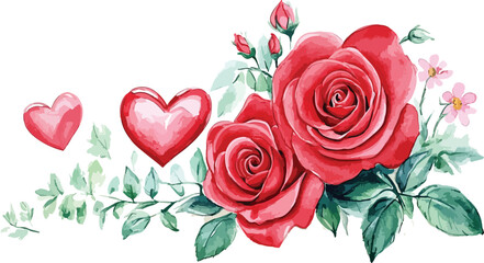 Beautiful watercolor painting of red roses and hearts with delicate greenery on white background