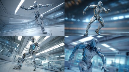 Four digitally rendered robotic figures, light gray and blue, in various poses, within futuristic, sterile white corridors