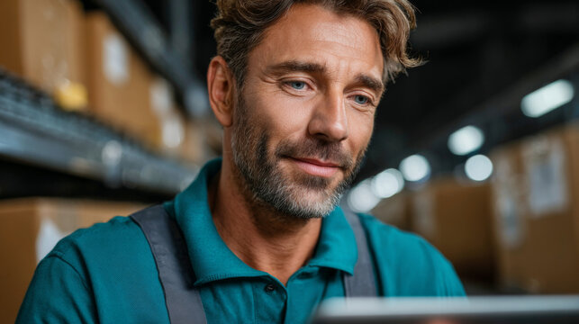 Warehouse Professional with Technology: A focused professional utilizes modern technology, likely for inventory management, in a bustling warehouse setting, emphasizing efficiency and organization.