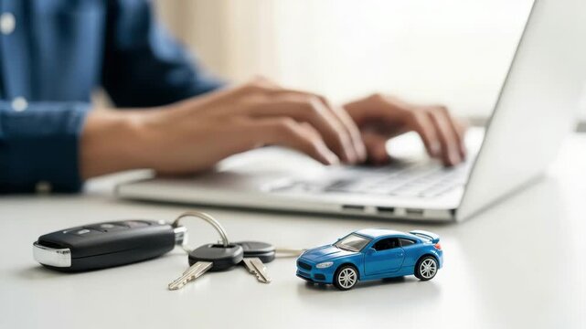 A persons hands are typing on a laptop keyboard with a toy car and car keys in the foreground, suggesting online car shopping or research