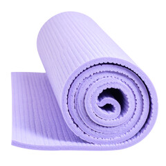 Rolled purple yoga mat for fitness, exercise on transparent background