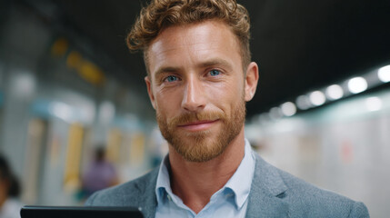 Obraz premium Confident Professional: A portrait of a sharply dressed individual, exuding confidence and charisma, poised and ready for the day, creating an immediate sense of trust and capability.