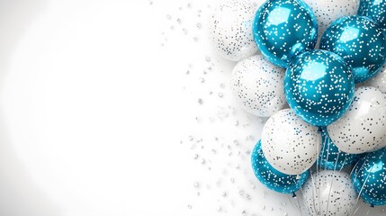 Festive Blue and White Balloons with Confetti Background