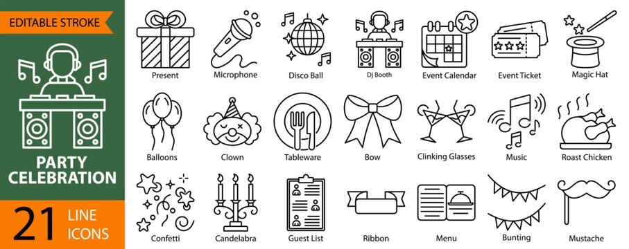 party, celebration and anniversary party icon set
collection in outline style. An icon pack contain balloons, ticket, confetti, party, event planning, candelabra, new year, event calendar, festival