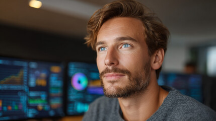 Confident contemplation: A thoughtful man gazes upward, set against a backdrop of modern technology and data visualization. conveying a sense of intelligence and focus.